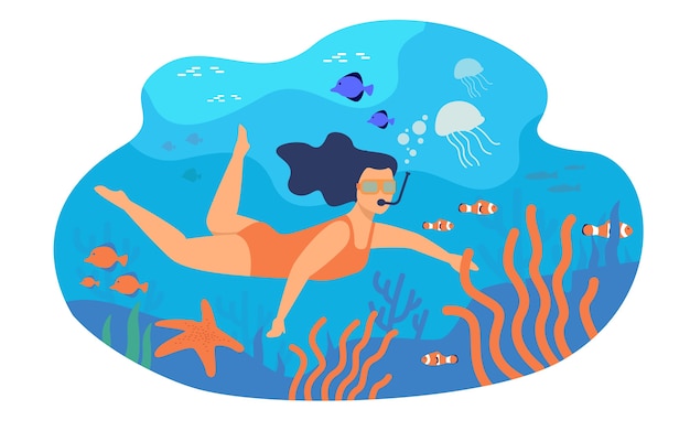 Free Vector | Young woman swimming with mask underwater isolated flat