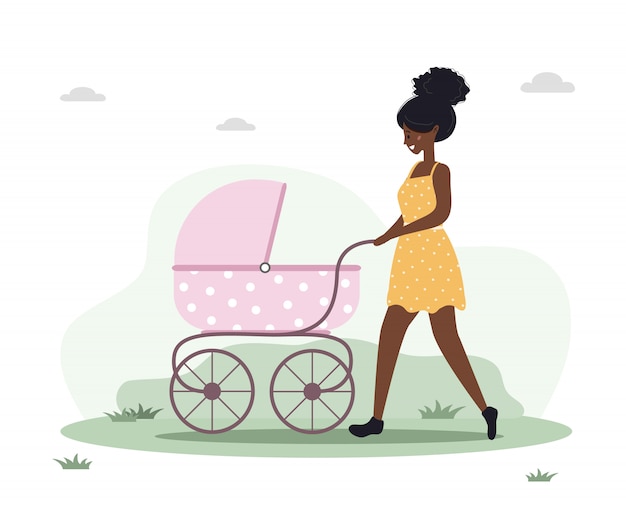 乳母車で彼女の生まれたばかりの子供と歩いている若い女性 ベビーカーと野外で自然の中で赤ちゃんと一緒に散歩の女の子 フラットスタイルのイラスト プレミアムベクター