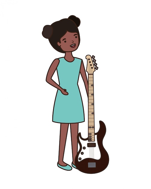 エレキギターのキャラクターを持つ若い女 プレミアムベクター