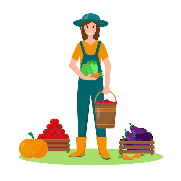 野菜を持つ若い女性 ガーデニング 収穫または農業の概念 ベクトルイラスト プレミアムベクター