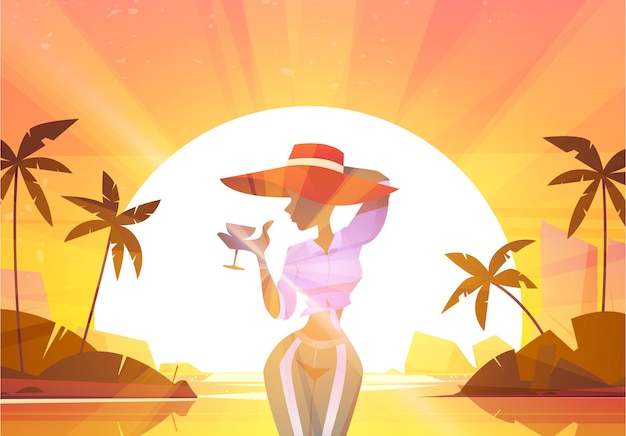 夏の太陽の夕暮れの海とヤシの木の背景にワイングラスを持つ若い女性赤い帽子の美しい女の子は 海の景色のエキゾチックな リゾートでポーズをとってシャンパンを飲む漫画イラストをリラックスする 無料のベクター