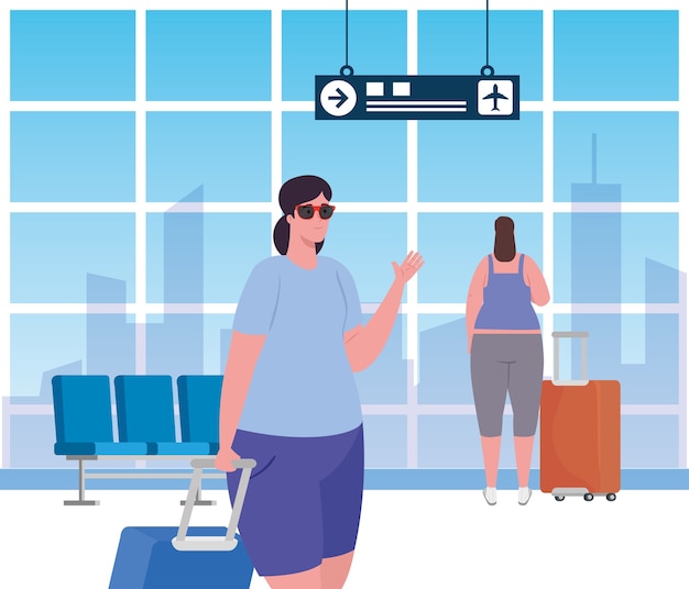 Premium Vector | Young women in the airport terminal, passenger at