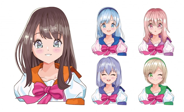 Young women anime style characters vector illustration design Premium Vector