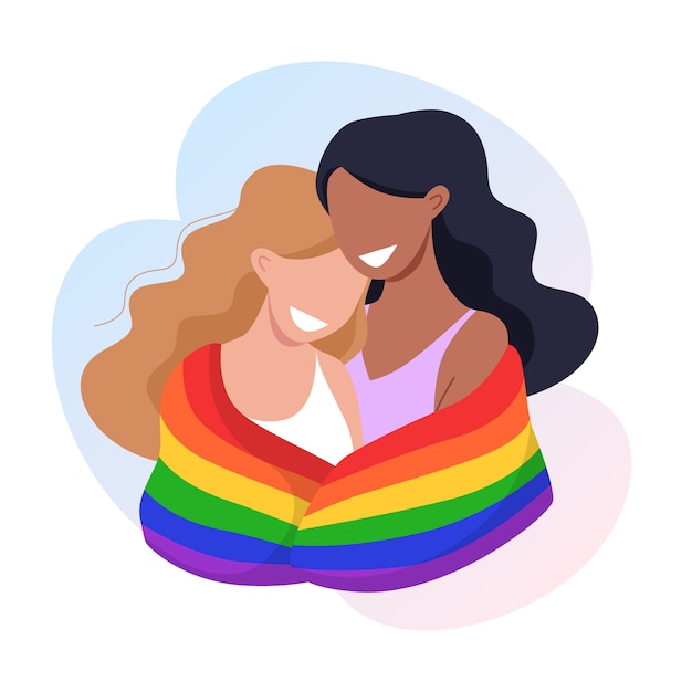 Premium Vector Young Women Couple Hug Each Other And Hold A Rainbow