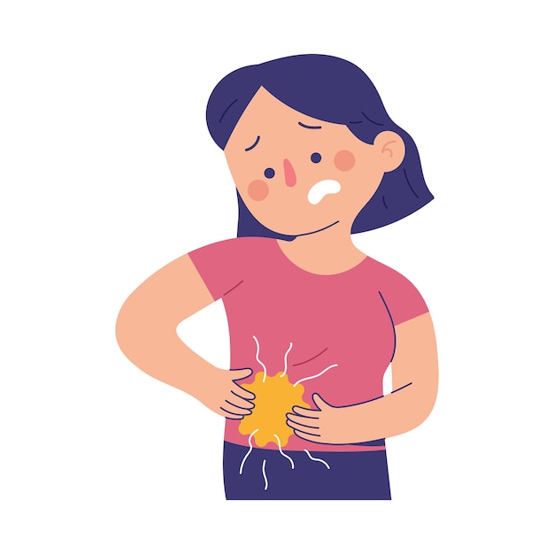 若い女性は虫垂炎の痛みのために右下腹部の痛みに苦しんでいます プレミアムベクター