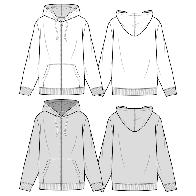 Zip-up hoodie fashion flat sketch template Vector | Premium Download