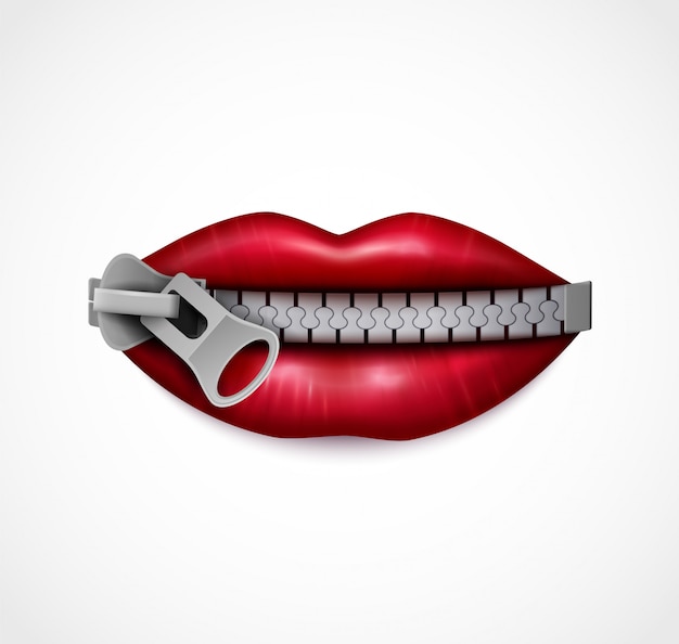 Zipped Mouth Closeup Realistic Symbolic Image Of Red Glossy Lips
