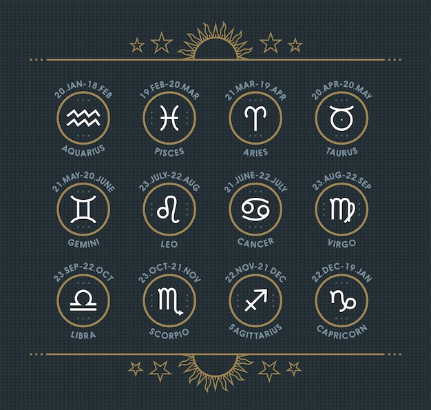 Premium Vector Zodiac Icon Collection Sacred Symbols Set Vintage Style Elements Of Horoscope And Astrology Purpose Thin Line Signs On Dark Dotted Background Collection