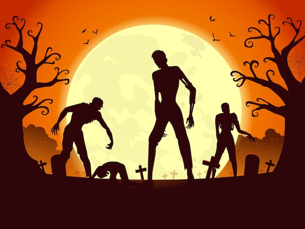 ゾンビの群集が復活し 満月の夜に墓から出て行った ハロウィーンのテーマのシルエットイラスト プレミアムベクター