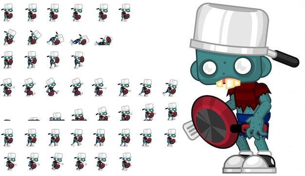 Zombie with pan game sprite Premium Vector