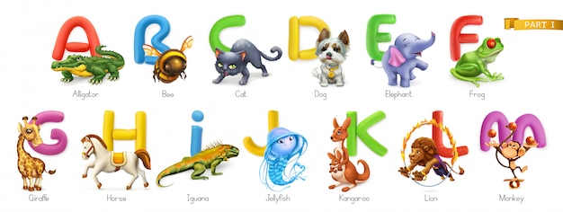 Zoo alphabet. funny animals, 3d  icons set. letters a - m  . alligator, bee, cat, dog, elephant, fro