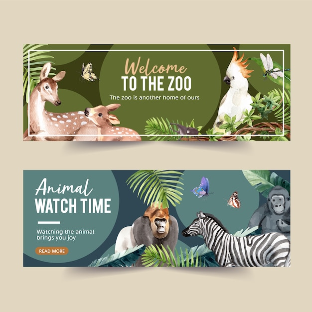 ゴリラ シマウマ 蝶の水彩イラストと動物園のバナーデザイン 無料のベクター