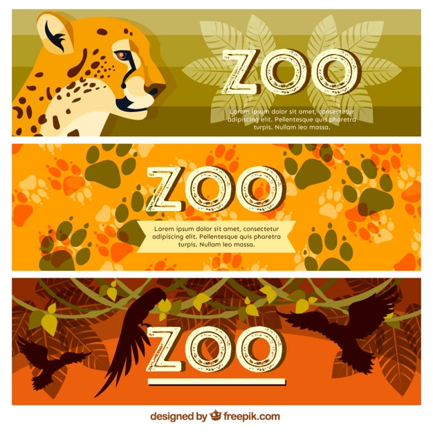 Zoo banners with wild animals and\
footprints