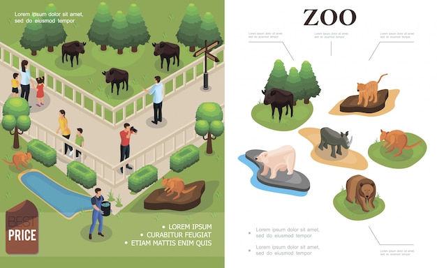 アイソメ図スタイルでバッファローカンガルーやさまざまな動物を見て撮影した訪問者と動物園のカラフルな構図 無料のベクター
