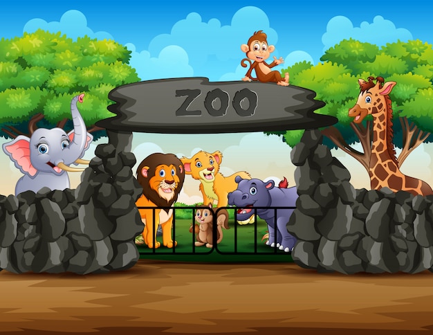 Zoo entrance outdoor view with different cartoon animals ...