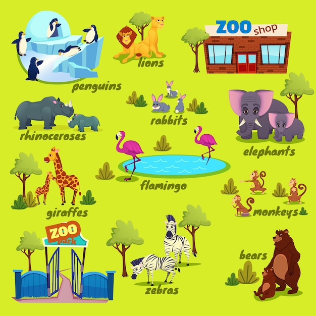 動物園公園地図 変な動物と自然の要素 プレミアムベクター