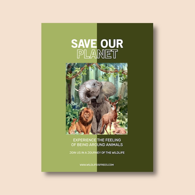 ライオン ウサギ 鹿 象の水彩イラストと動物園ポスターデザイン 無料のベクター