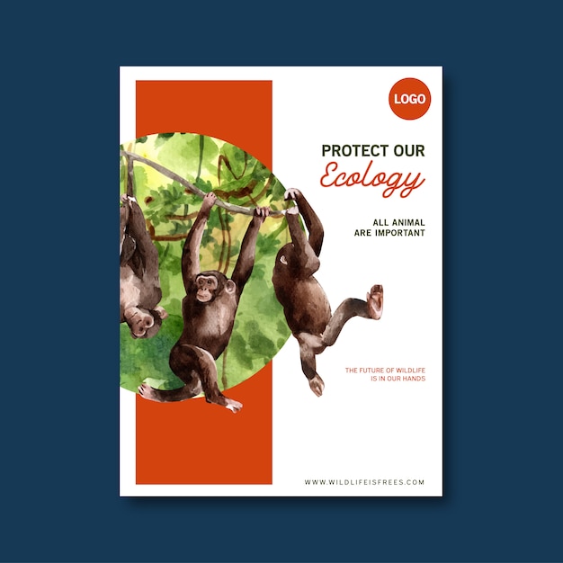猿 森の水彩イラストと動物園ポスターデザイン 無料のベクター