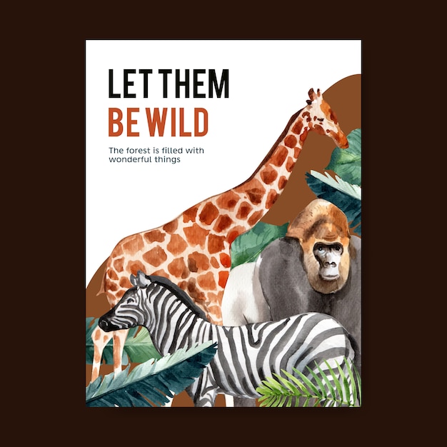 猿 シマウマ キリンの水彩イラストと動物園ポスターデザイン 無料のベクター