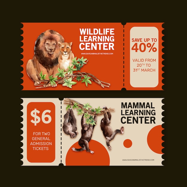 Free Vector | Zoo ticket design with lion, monkey watercolor illustration.