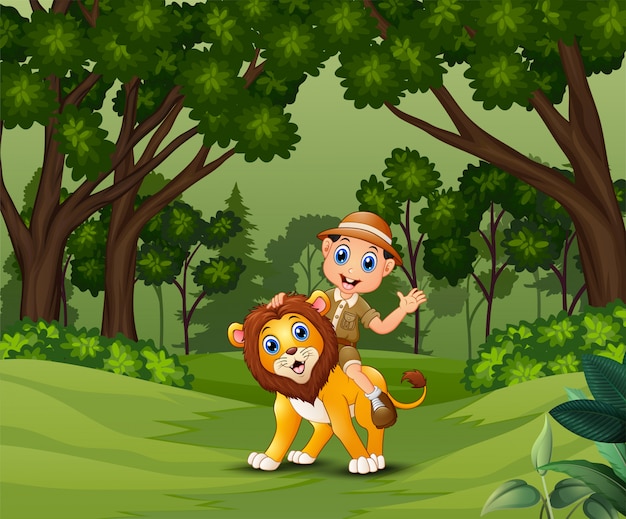 Zookeeper Man With A Lion Walking Around The Jungle Premium Vector