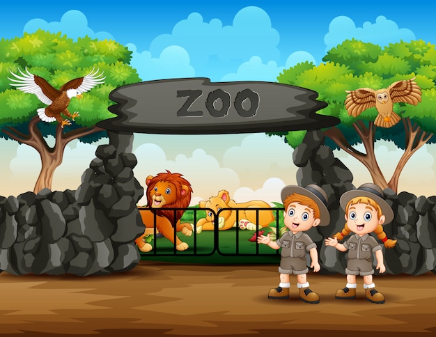 Zookeeper and wild animals at zoo entrance illustration Premium Vector