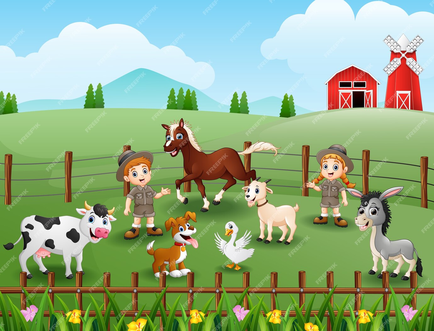 Premium Vector | Zookeepers are keeping animals in farm