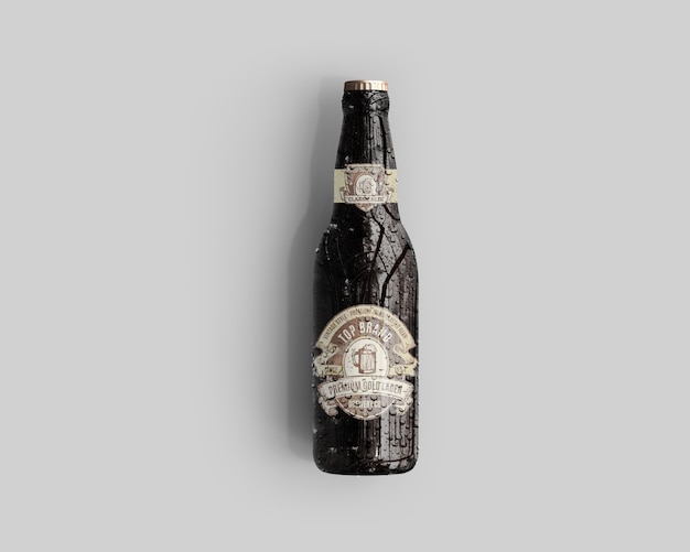 Download Amber glass beer bottle mockup mit wassertropfen - draufsicht | Premium-PSD-Datei