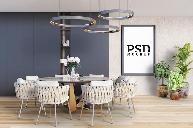 Esszimmer mit rundem tisch und bilderrahmen | Premium-PSD-Datei