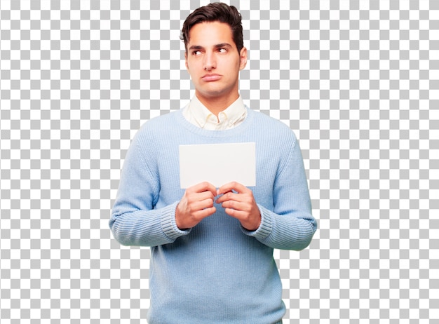 Junger hübscher gebräunter mann mit einem plakat Premium PSD