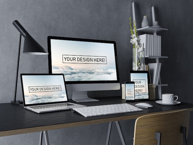 Realistische set desktop, laptop, tablet und smartphone mock up design-vorlage mit bearbeitbaren bildschirm im schwarzen modernen innenraum Premium PSD