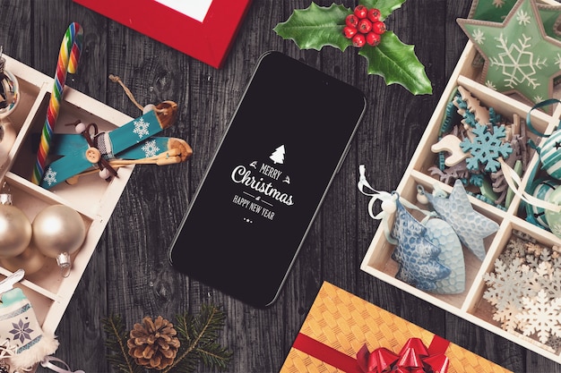 Smartphone-bildschirmmodell mit weihnachtsdesign | Premium-PSD-Datei