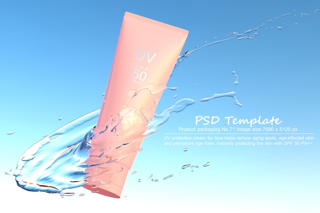 Uvlichtschutzprodukt mit wasserspritzen auf blauem hintergrund 3d übertragen Premium PSD