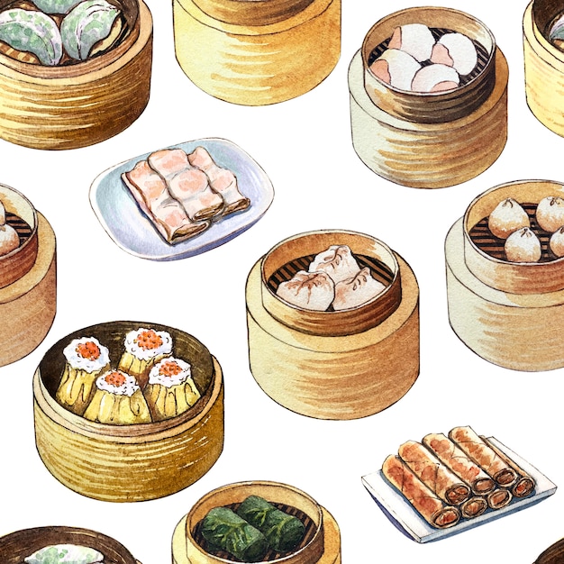 Aquarelle modèle sans couture avec de la nourriture chinoise dim sum Photo Premium
