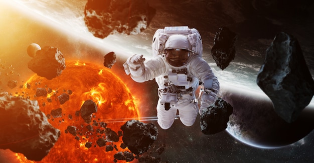 Astronaute flottant dans l'espace rendu 3d Photo Premium