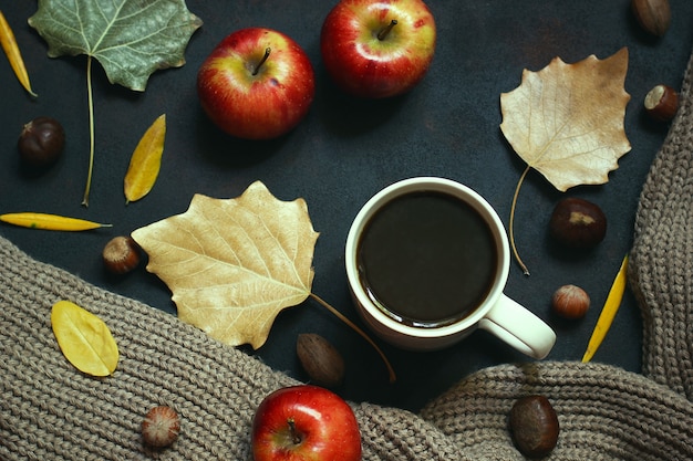 Automne, feuilles d’automne, tasse de café chaud à la vapeur et écharpe ou gilet chaud. café du matin saisonnier, dimanche relaxant et concept nature morte. Photo gratuit