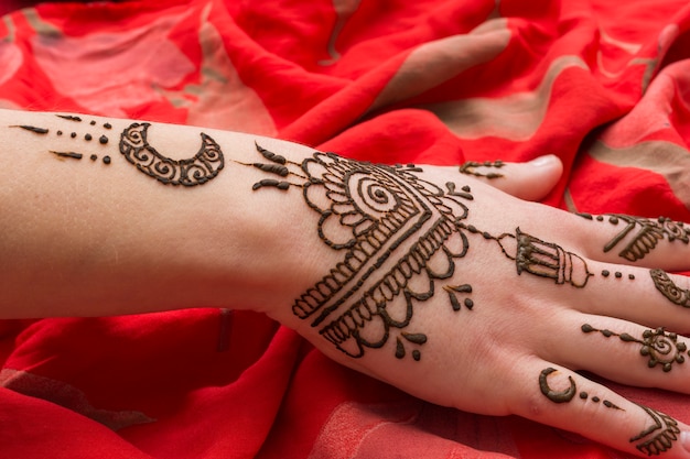 Beau Tatouage De Mehndi Sur La Main De La Femme Placée Sur