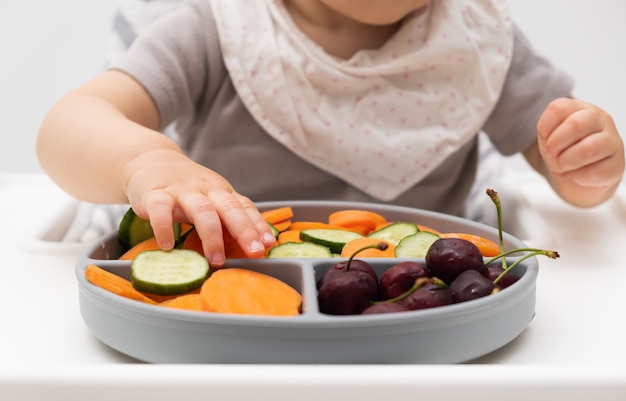 Bebe Caucasien Meconnaissable D Environ 1 An Mangeant Dans Une Assiette En Silicone De Legumes Frais Fruits Baies Auto Alimentation Pour Les Enfants Idee De Sevrage Babyled Nutrition Saine D Aliments Solides Pour Nourrissons