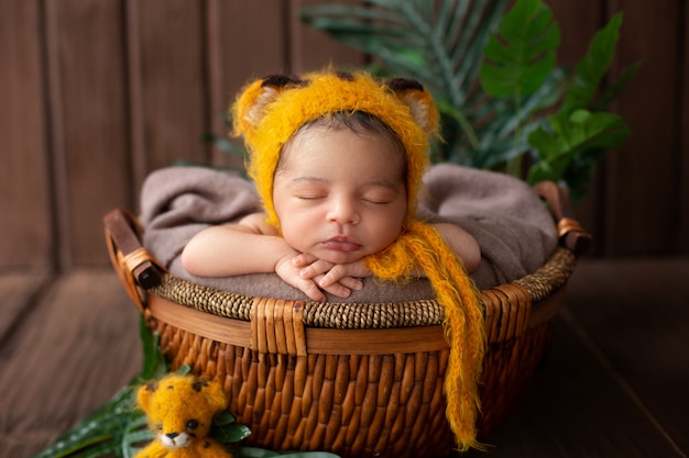 Bebe Endormi Joli Petit Garcon En Chapeau En Forme D Animal Jaune Et A L Interieur Du Panier Brun Avec Des Feuilles Vertes Dans La Chambre En Bois Photo Gratuite