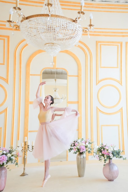 Belle ballerine en vêtements roses pose dans une chambre de luxe Photo gratuit