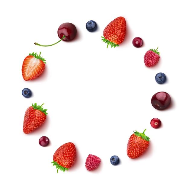 Berry isolé sur blanc en vue de dessus dans un cadre rond de différentes baies Photo Premium