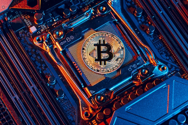 Bitcoin doré et puce informatique Photo Premium