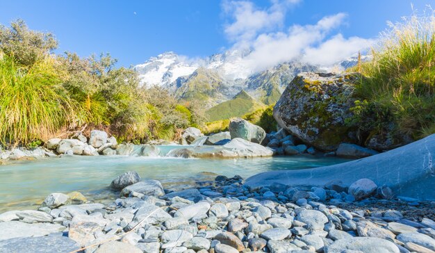 Blue river sur la piste de randonnée au mont. cook à l'île sud de la nouvelle-zélande Photo Premium