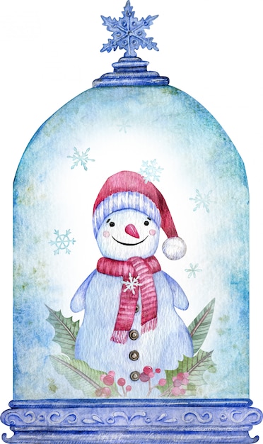 Bonhomme De Neige Aquarelle Dans Le Globe De Neige De Noel Bleu Symbole Du Nouvel An Carte De Noel Photo Premium