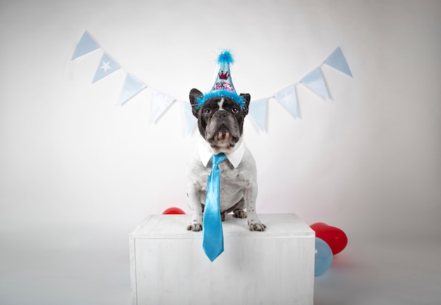 Bouledogue Francais Avec Col De Chemise Et Cravate Bleue Celebrant Son Anniversaire Photo Premium