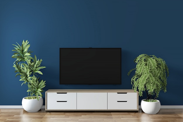 Cabinet maquette sur bleu foncé sur la conception minimale en bois de plancher. rendu 3d Photo Premium