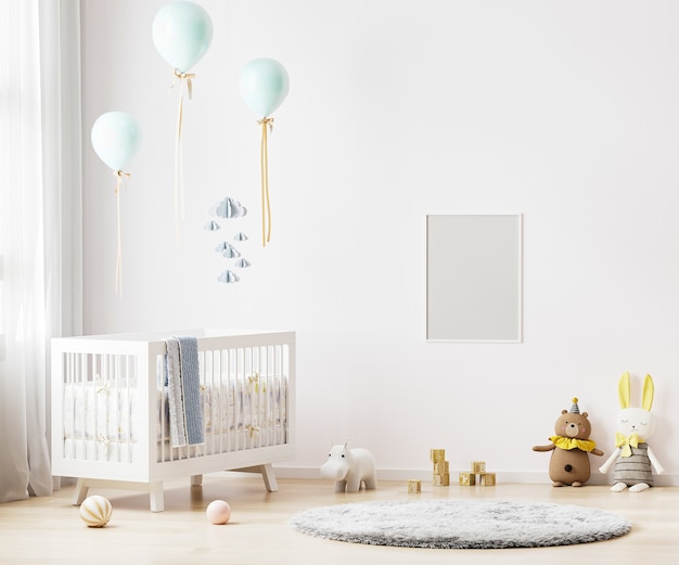 Cadre De L Affiche Vierge Sur Un Mur Blanc En Fond Interieur De Chambre D Enfant Avec Literie Pour Bebe Photo Premium