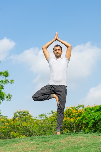 Calme Homme  Indien Debout  Dans La Pose  D yoga Arbre Sur La 