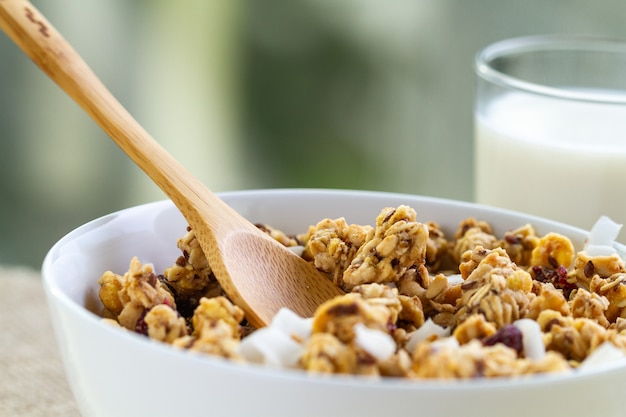 Céréales Sèches Pour Le Petit-déjeuner. Bol Granola Au Miel Croquant Avec Graines De Lin, Canneberges, Noix De Coco Et Un Verre De Lait En Gros Plan. Des Aliments Sains, Propres Et Riches En Fibres Photo Premium