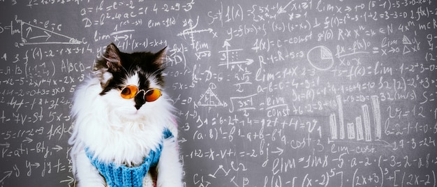 Chat Drole En Pull D Hiver Tricote Et Lunettes Sur Tableau Noir Inscrit Avec Des Formules Scientifiques Photo Premium